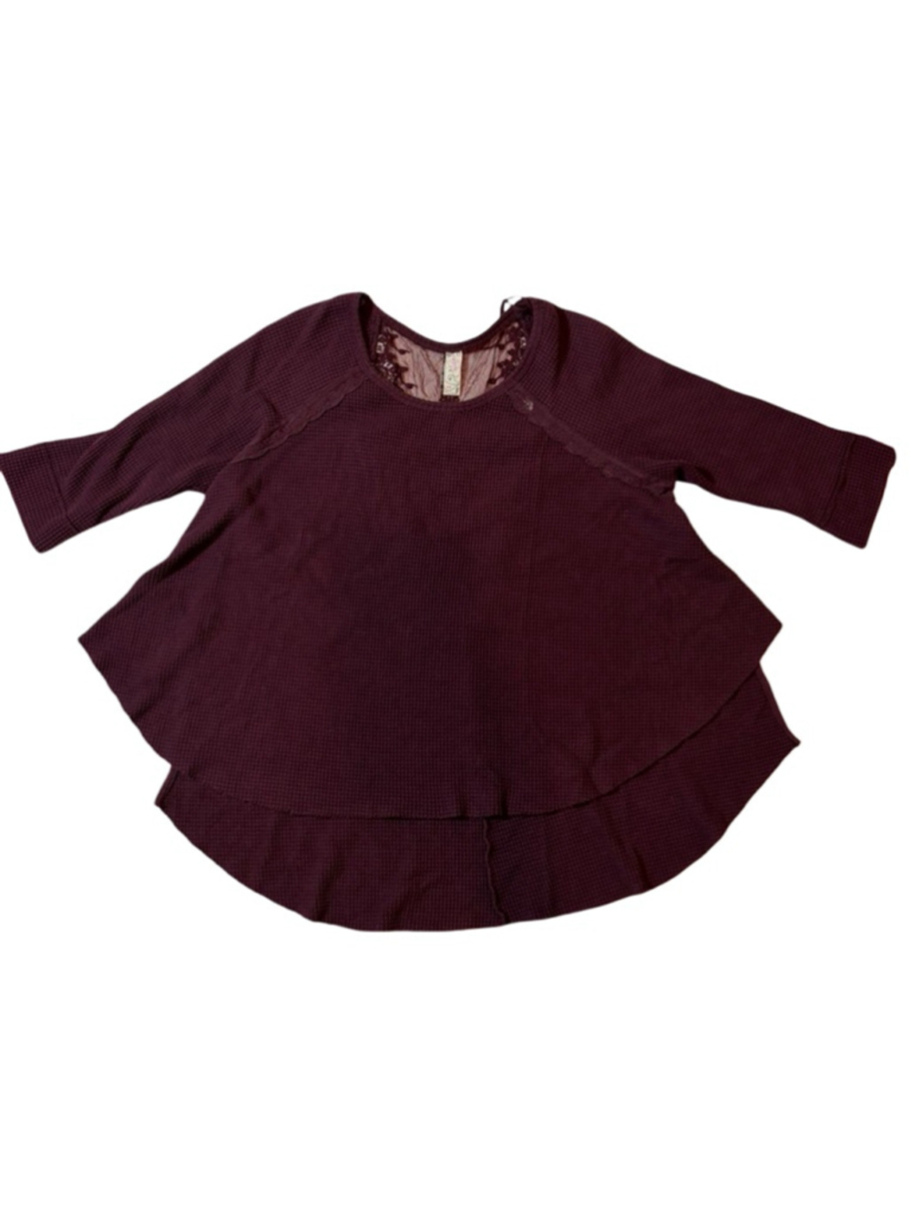 Free People Waffle Knit Swing Top Burgundy Lace Back Boho Cozy Thermal
